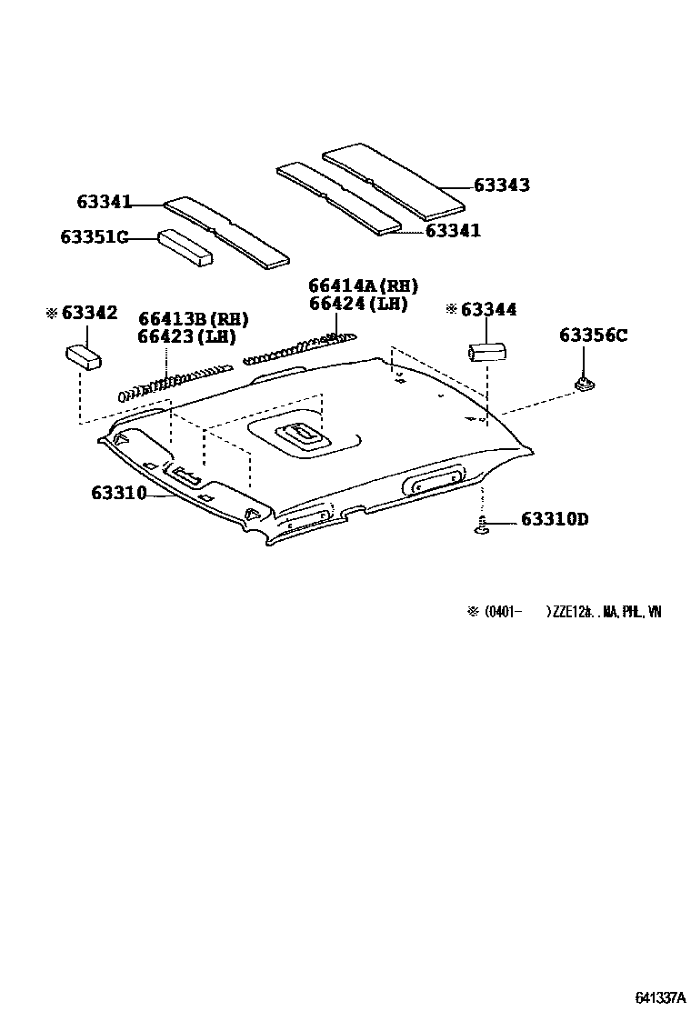 Toyota COROLLA 车顶内衬和消声垫 EPC diagram — 641337A