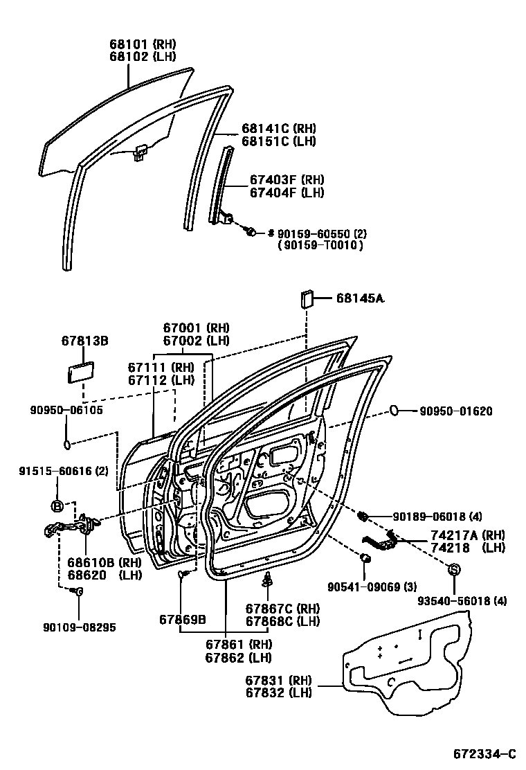 Toyota COROLLA 前门板和前门玻璃 EPC diagram — 672334C