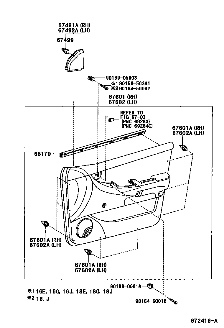Toyota COROLLA 前门板和前门玻璃 EPC diagram — 672416A