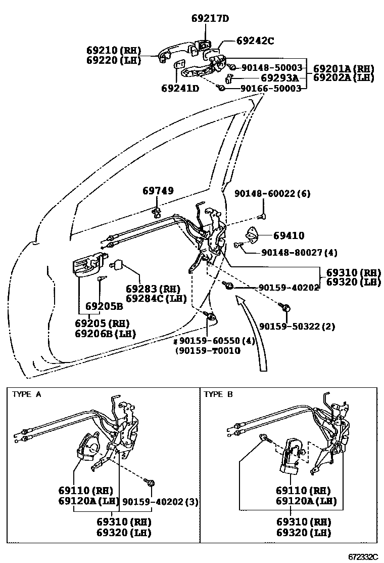 Toyota COROLLA 前门锁和车门把手 EPC diagram — 672332C