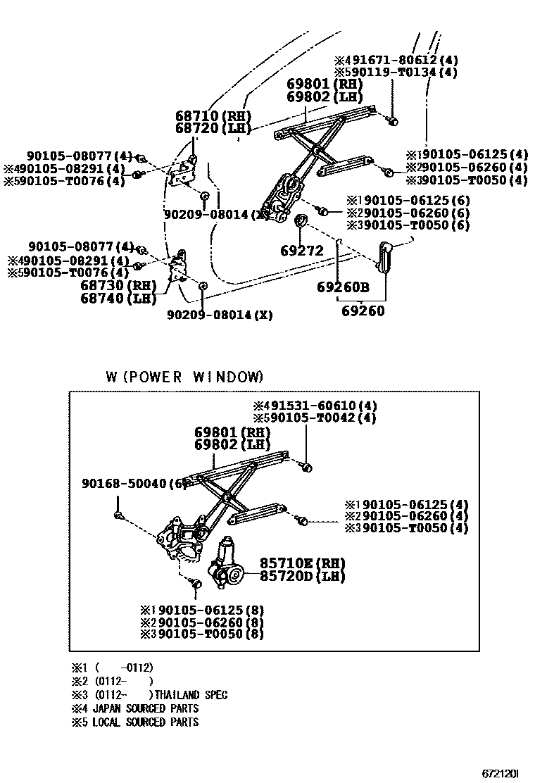 Toyota COROLLA 前门车窗升降器和合页 EPC diagram — 672120I