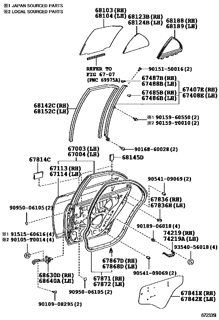 Toyota COROLLA 后门板和后门玻璃 EPC diagram — 672335I