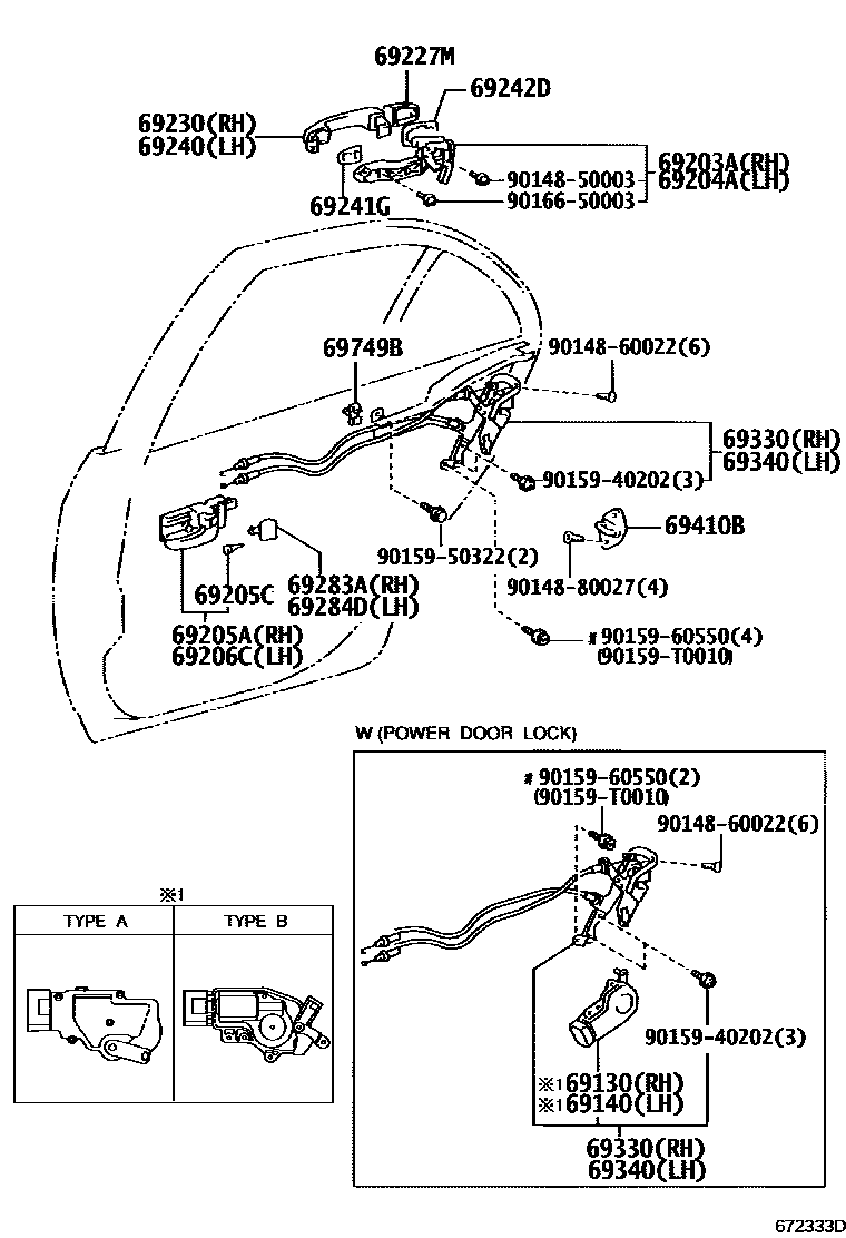 Toyota COROLLA 后门锁和后门把手 EPC diagram — 672333D