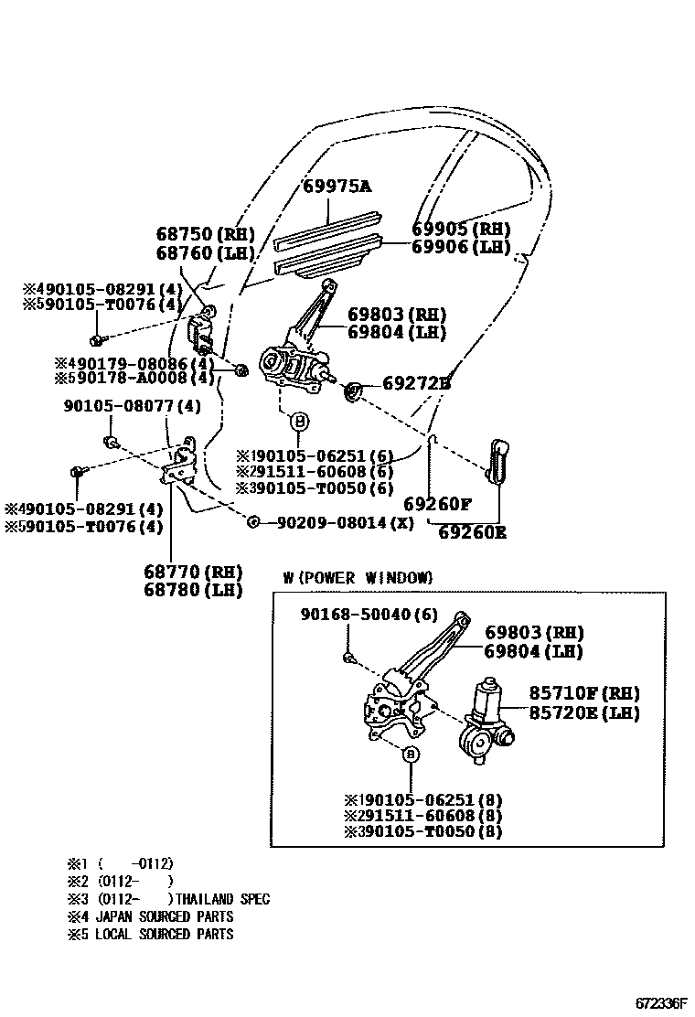 Toyota COROLLA 后门车窗升降器和合页 EPC diagram — 672336F