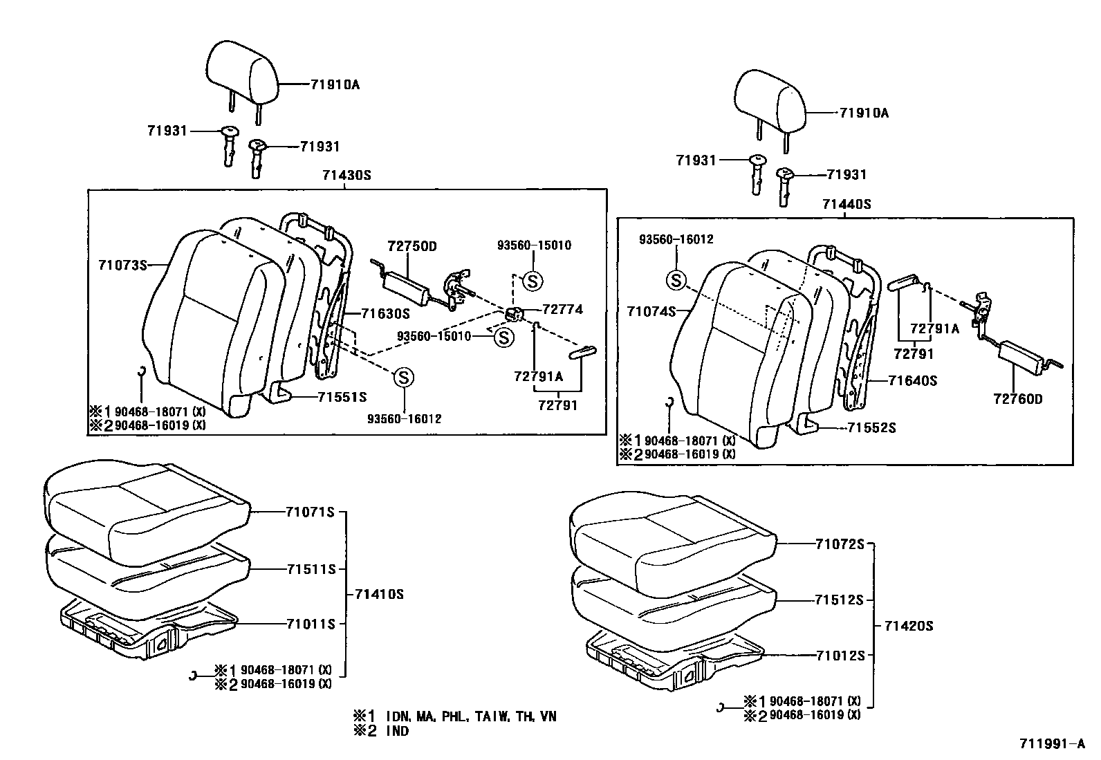 Toyota COROLLA 前排座椅和座椅滑轨 EPC diagram — 711991A