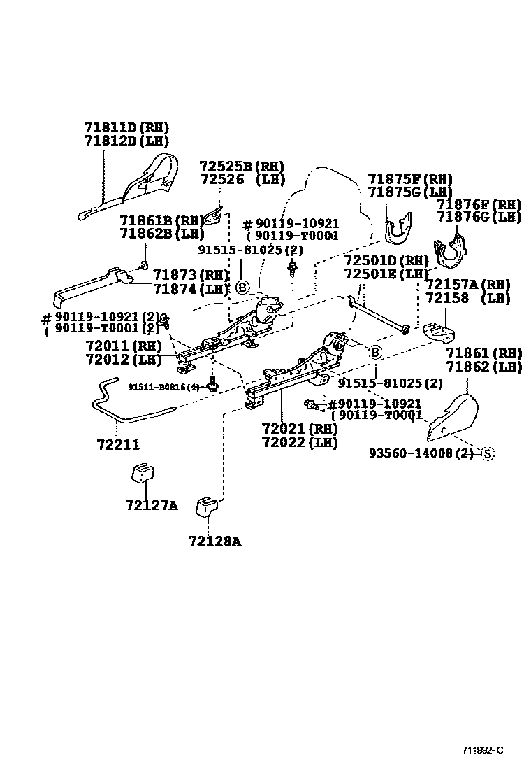 Toyota COROLLA 前排座椅和座椅滑轨 EPC diagram — 711992C