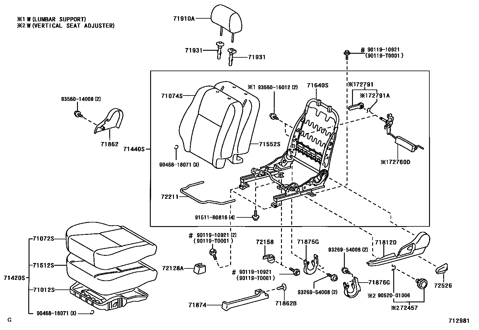 Toyota COROLLA 前排座椅和座椅滑轨 EPC diagram — 712981