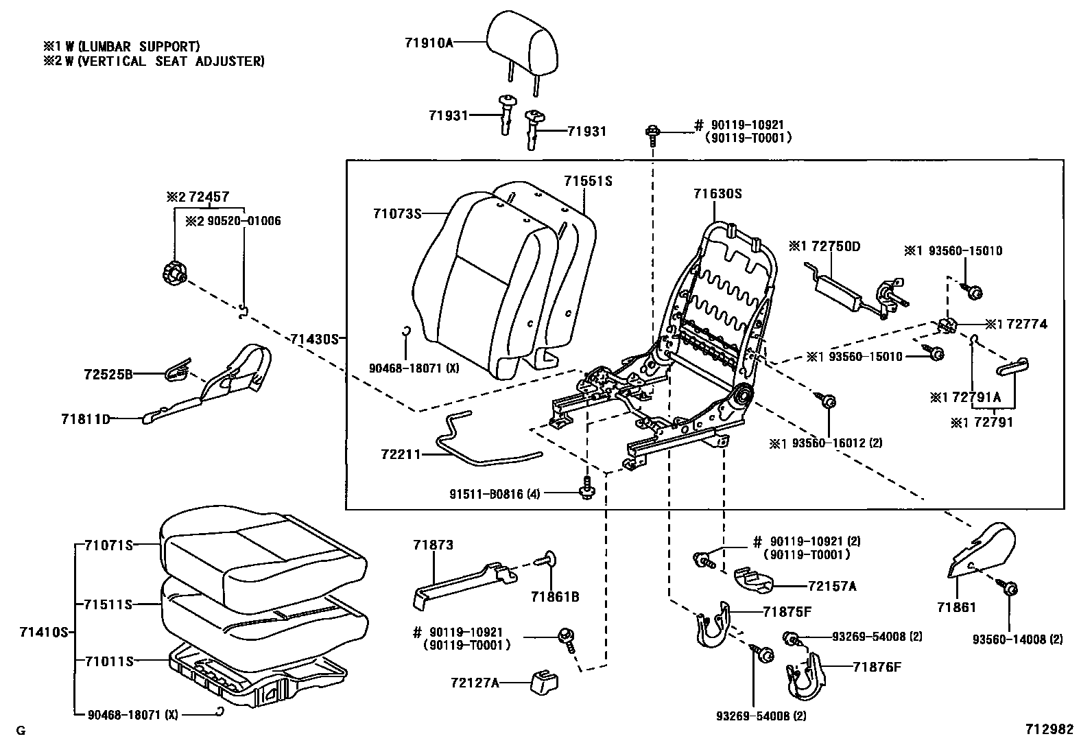 Toyota COROLLA 前排座椅和座椅滑轨 EPC diagram — 712982