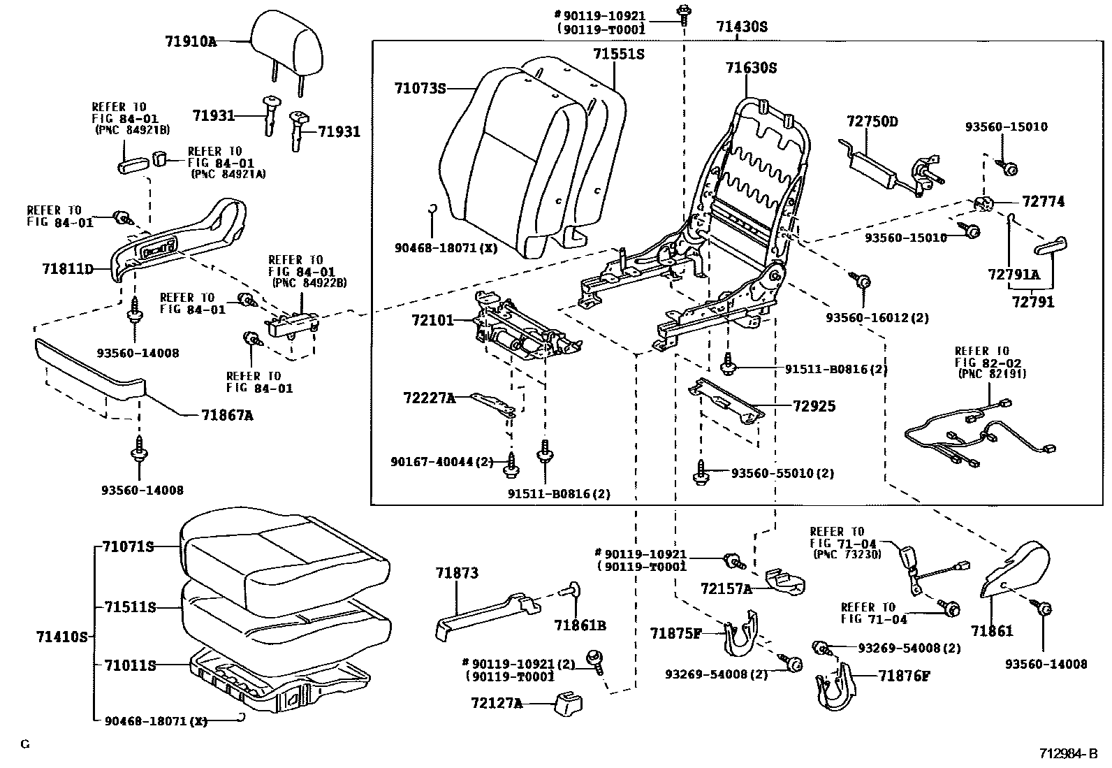 Toyota COROLLA 前排座椅和座椅滑轨 EPC diagram — 712984B