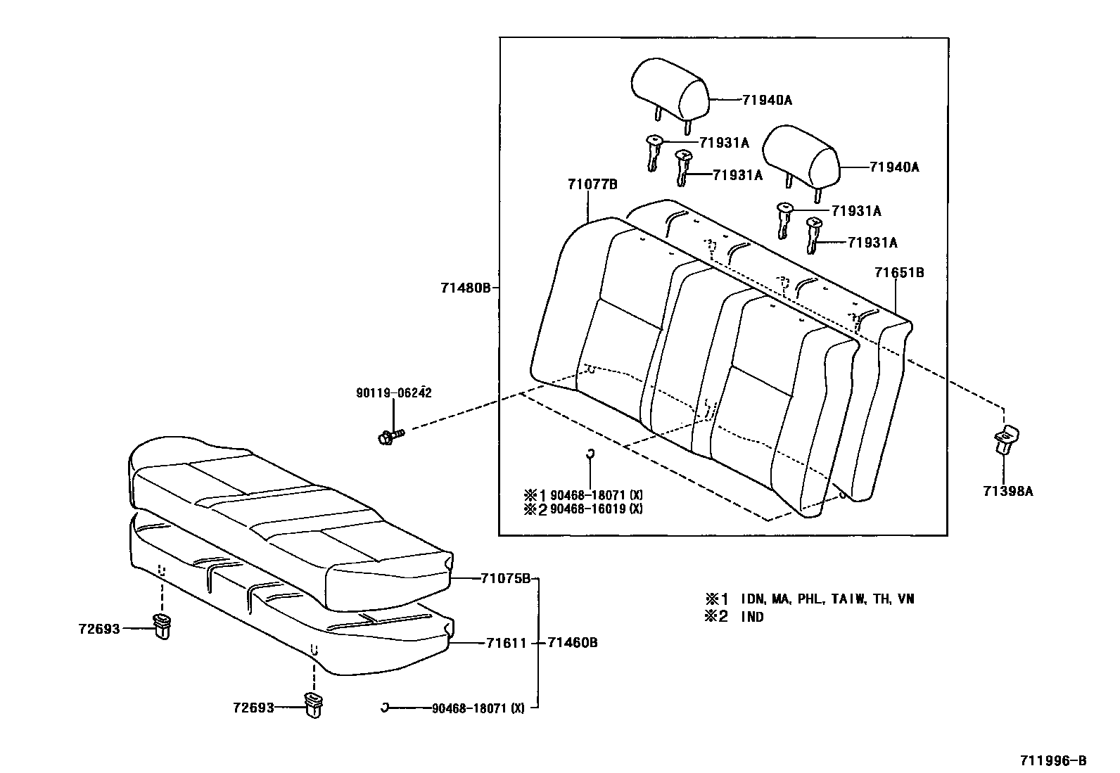 Toyota COROLLA 后排座椅和座椅滑轨 EPC diagram — 711996B