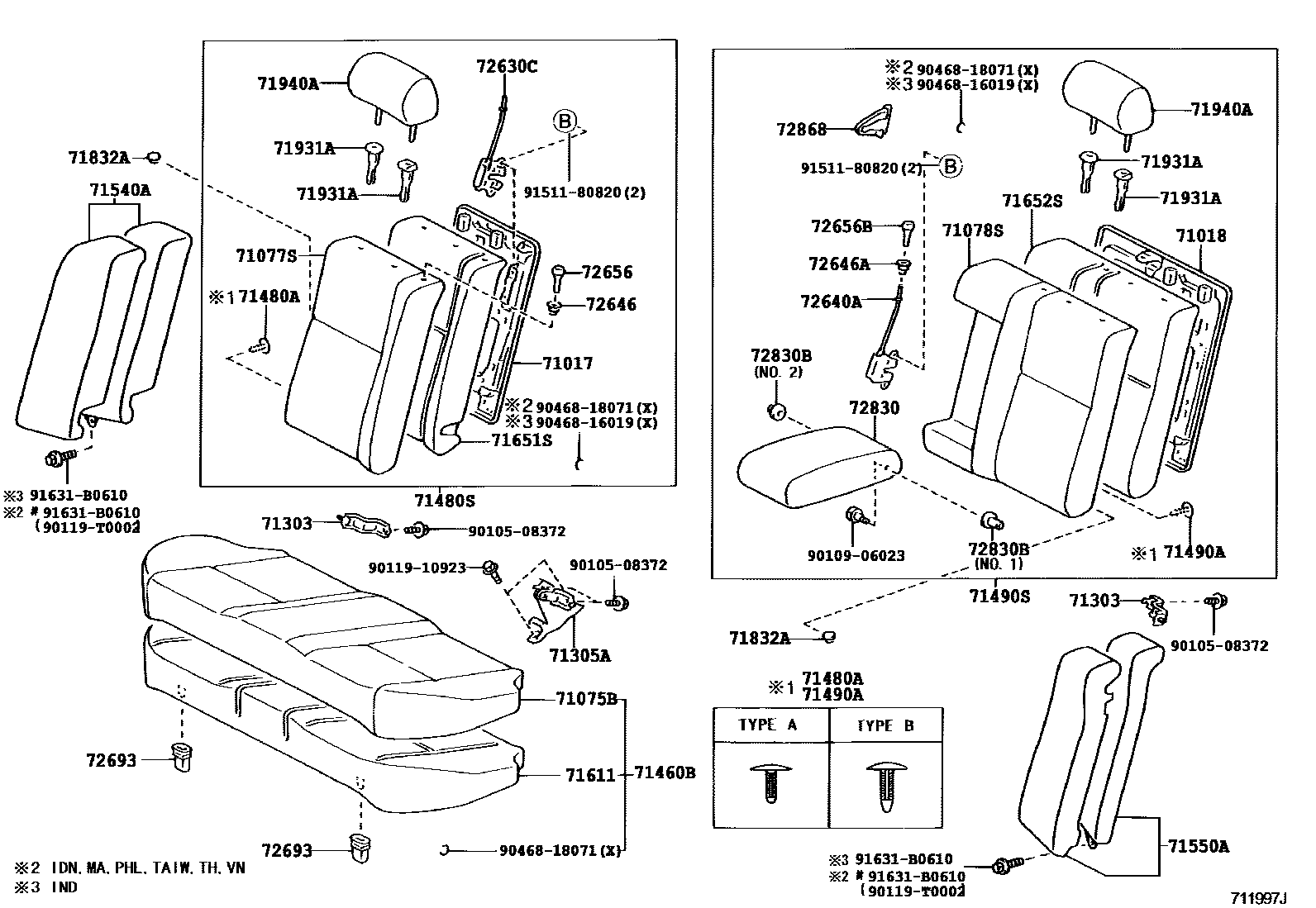 Toyota COROLLA 后排座椅和座椅滑轨 EPC diagram — 711997J