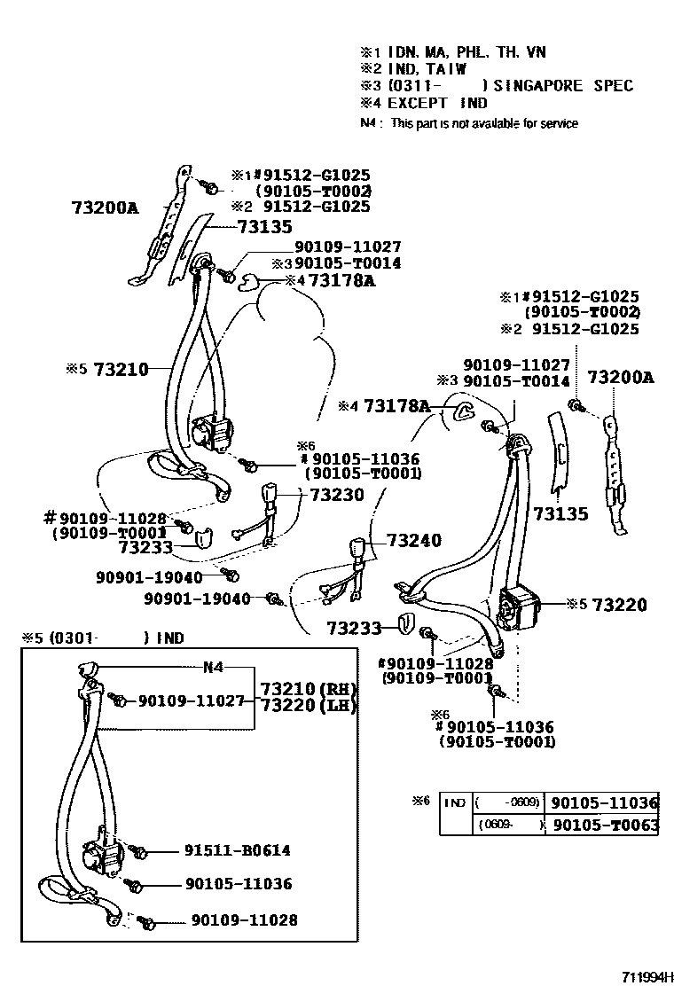Toyota COROLLA 安全带和儿童保护座椅 EPC diagram — 711994H