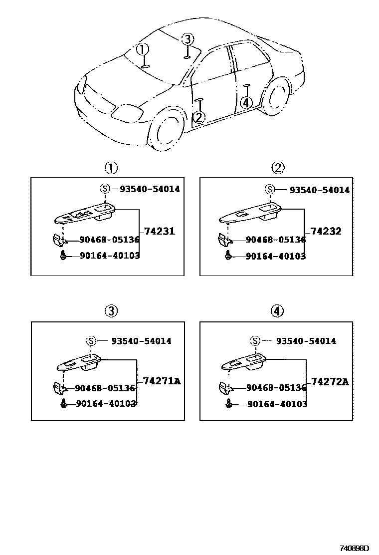 Toyota COROLLA 扶手和遮阳板 EPC diagram — 740898D