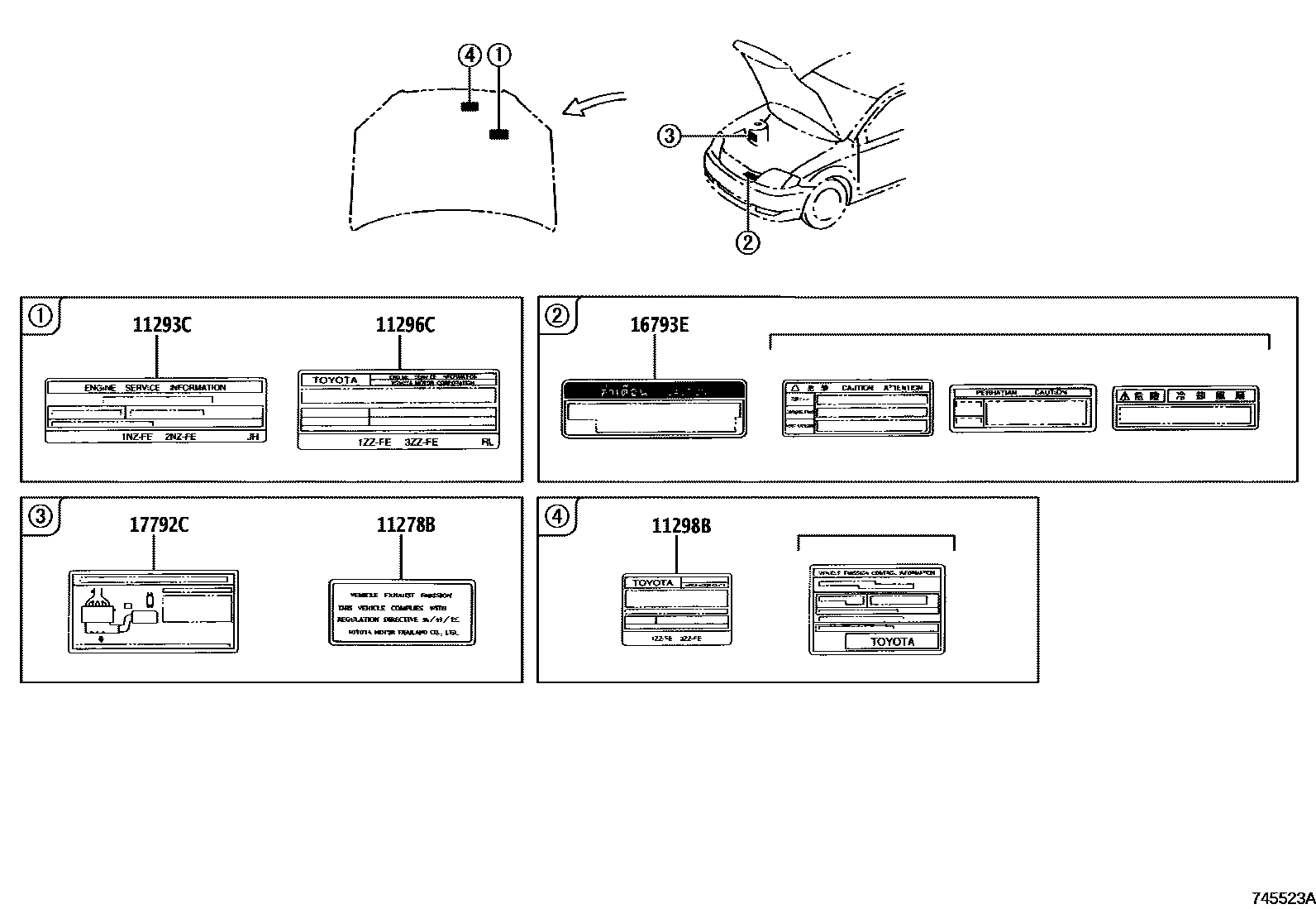 Toyota COROLLA 警示铭牌(车外和车内) EPC diagram — 745523A