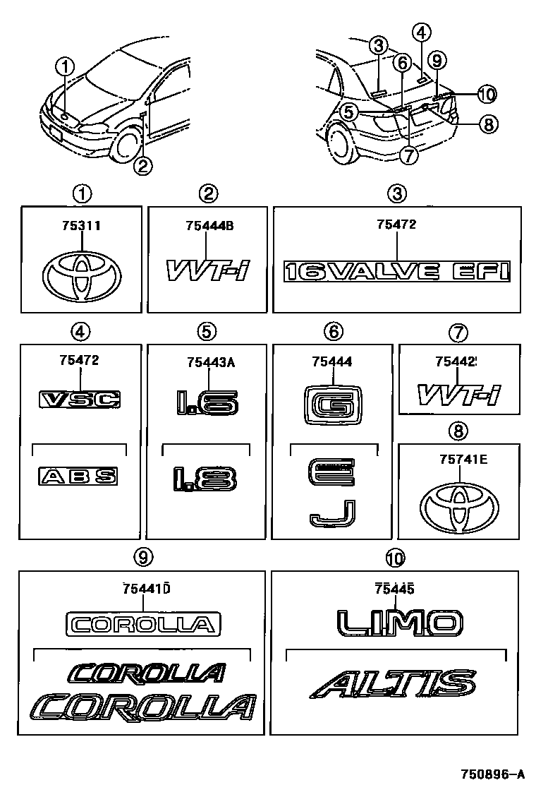 Toyota COROLLA 丰田徽标和铭牌(车外和车内) EPC diagram — 750896A