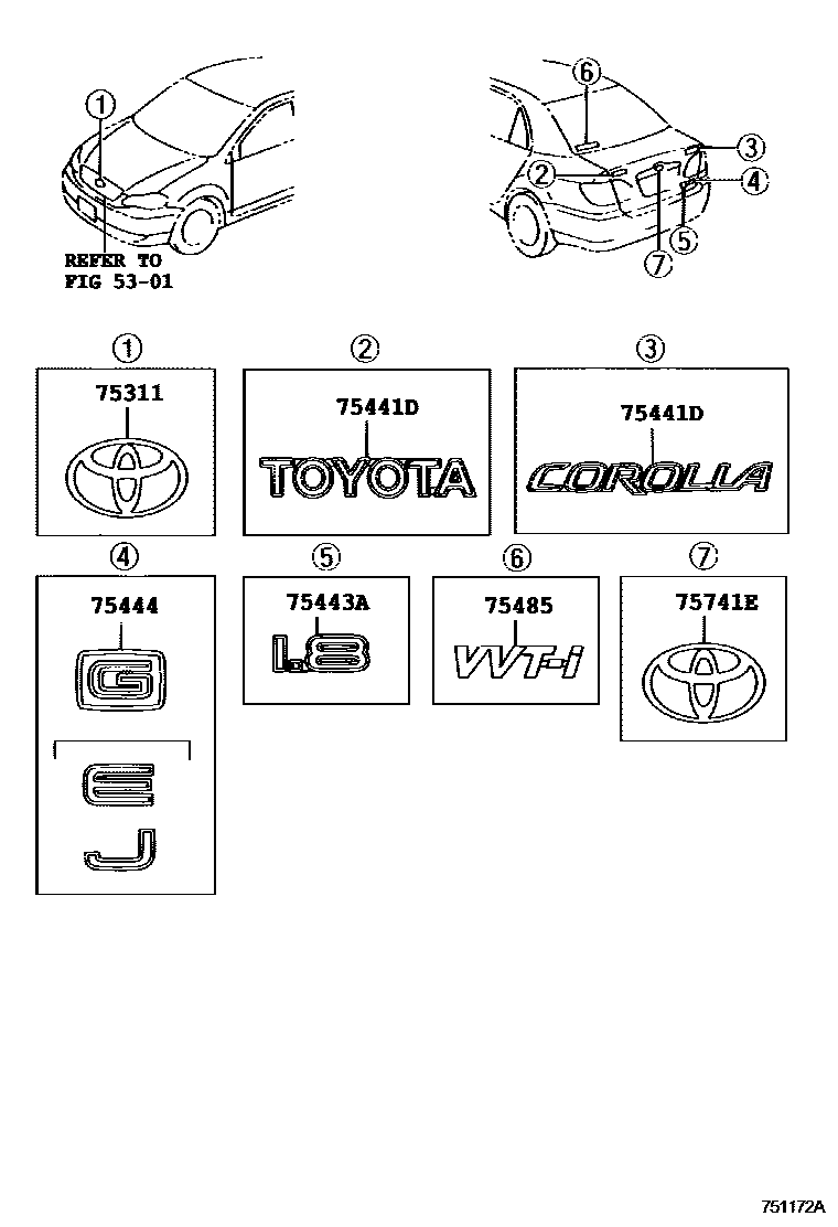 Toyota COROLLA 丰田徽标和铭牌(车外和车内) EPC diagram — 751172A