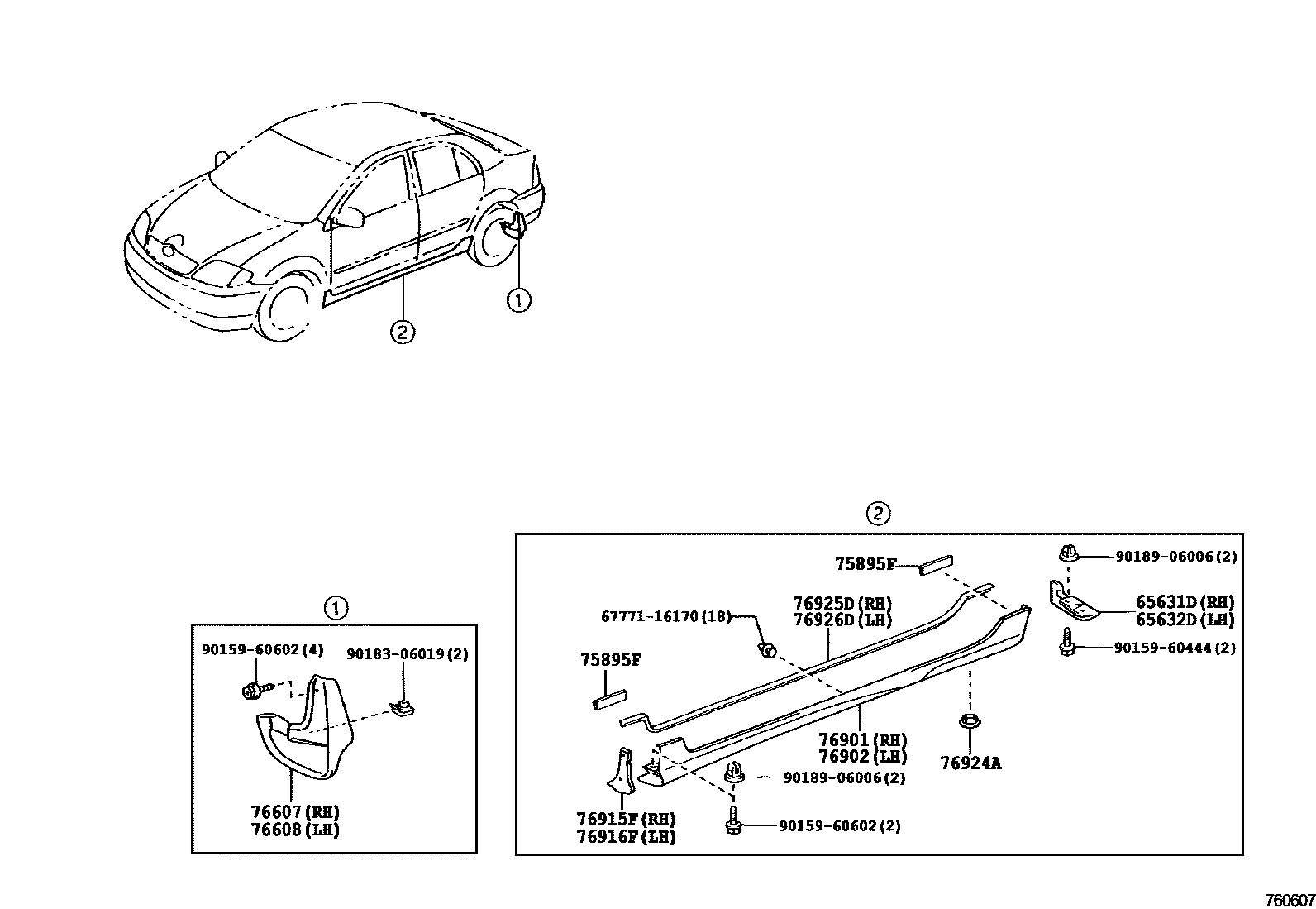 Toyota COROLLA 挡泥板和扰流板 EPC diagram — 760607