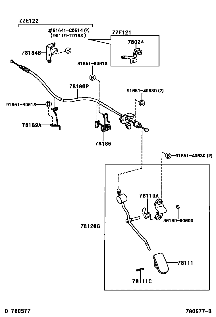 Toyota COROLLA accelerator pedal connecting rod EPC diagram — 780577B