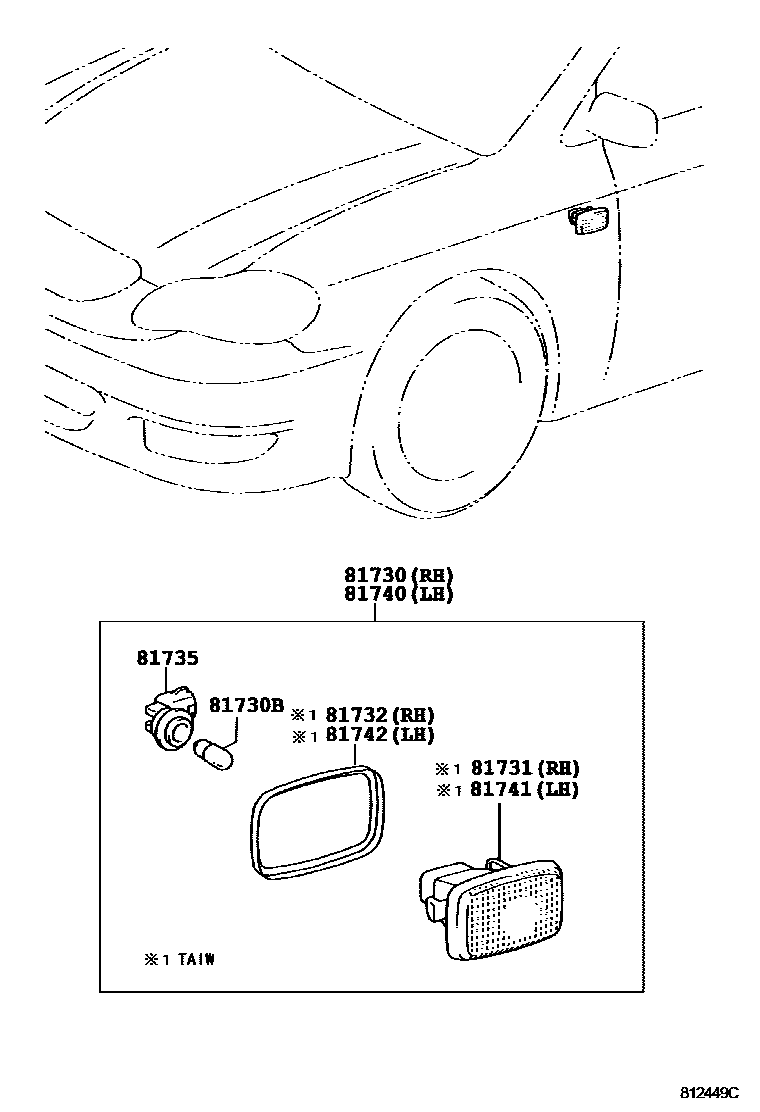 Toyota COROLLA Side Turn Signal & Outer Mirror Lamp EPC diagram — 812449C