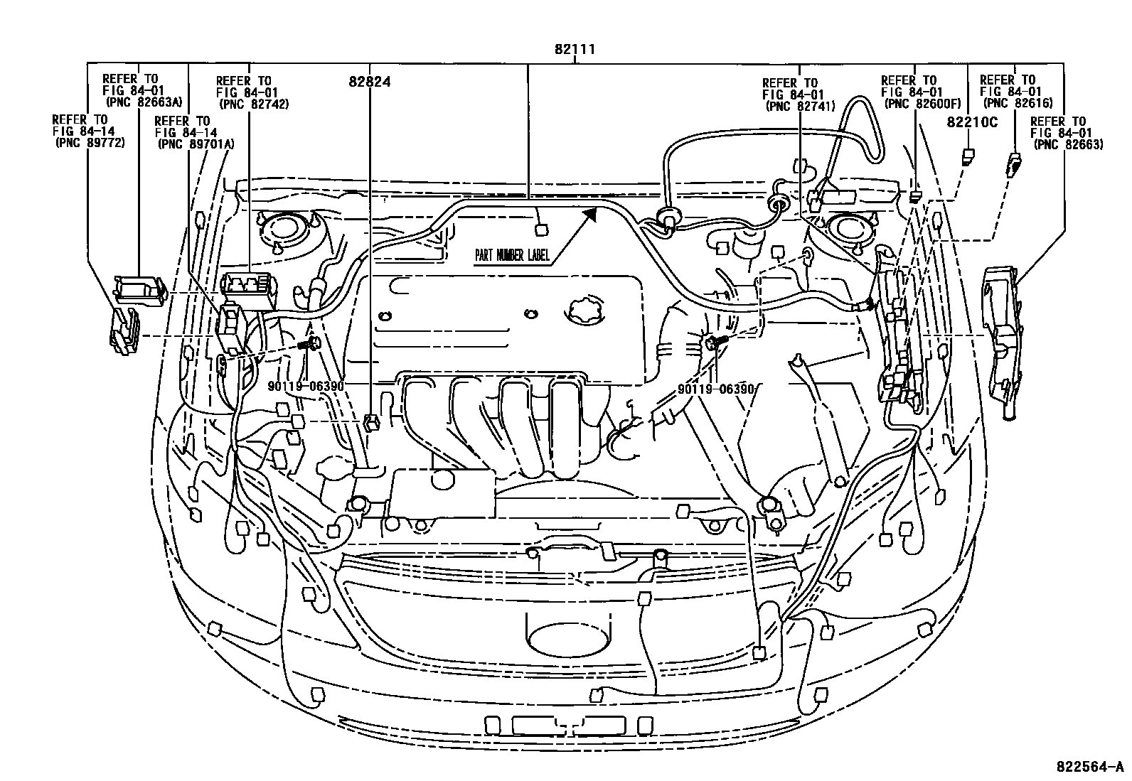 Toyota COROLLA 线束和卡夹 EPC diagram — 822564A