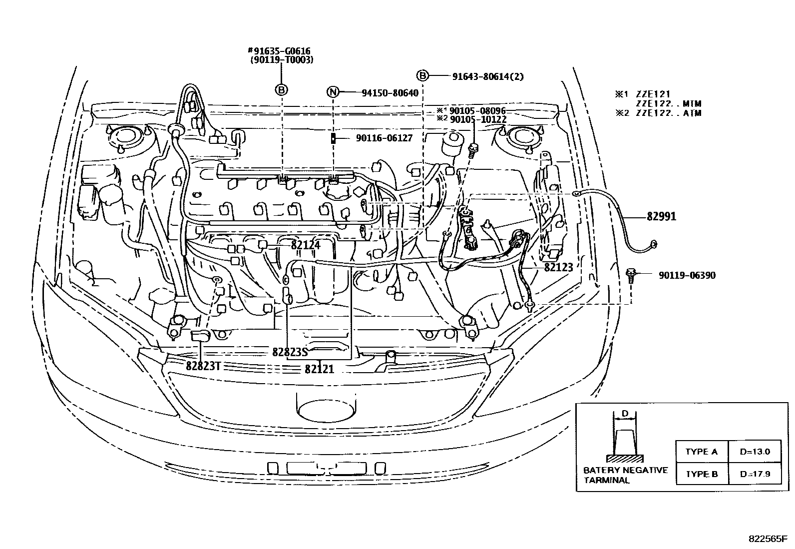 Toyota COROLLA 线束和卡夹 EPC diagram — 822565F
