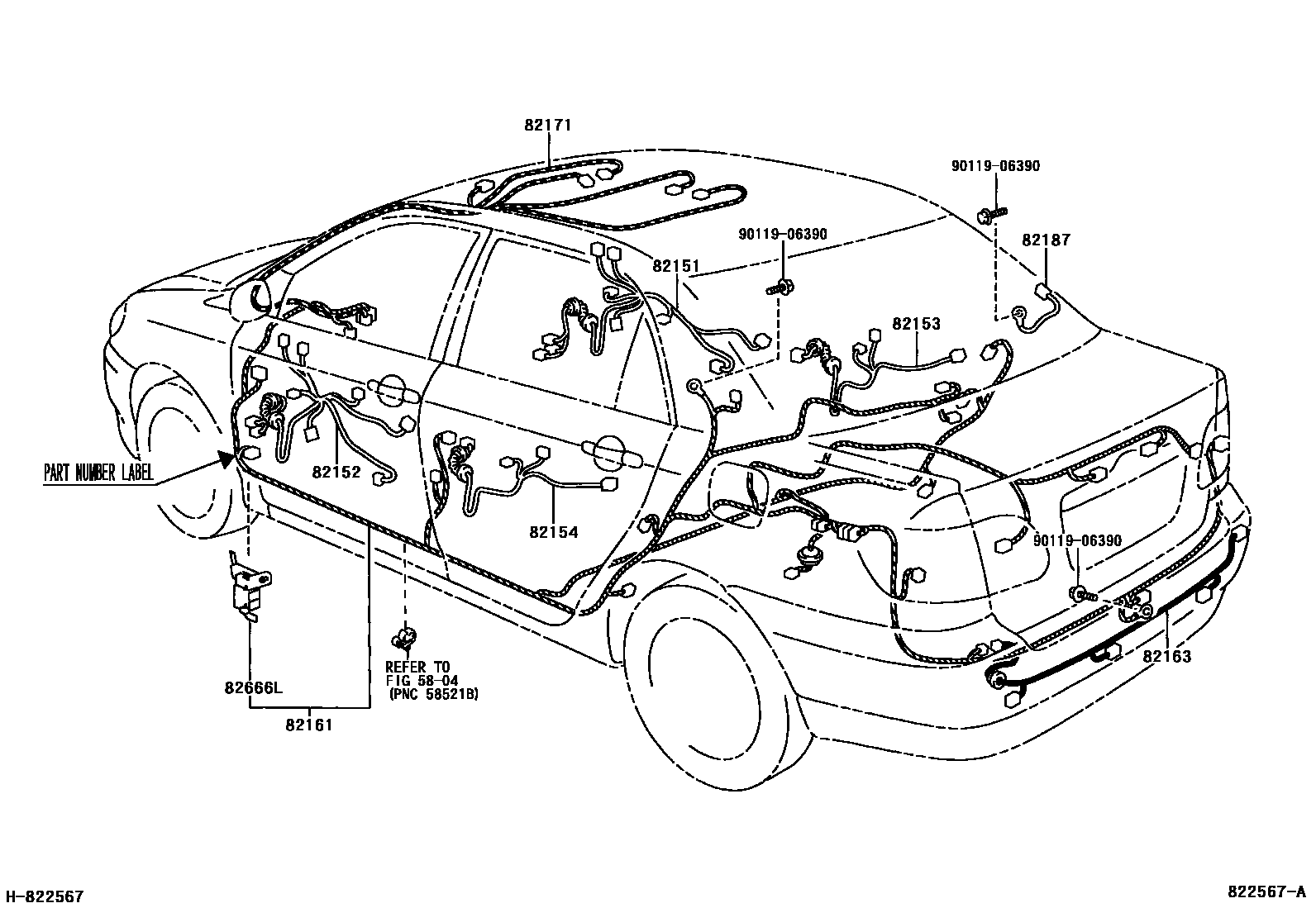Toyota COROLLA 线束和卡夹 EPC diagram — 822567A