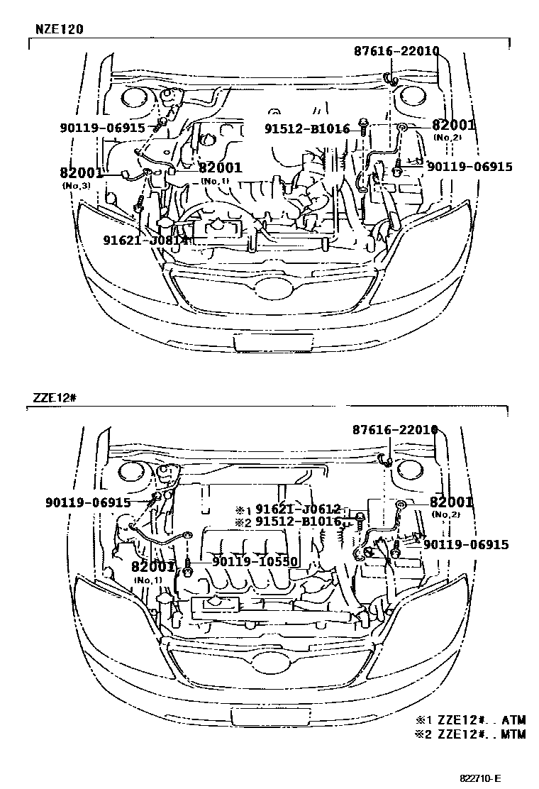 Toyota COROLLA 线束和卡夹 EPC diagram — 822710E