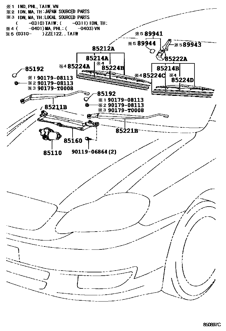 Toyota COROLLA 挡风玻璃刮水器 EPC diagram — 850897C