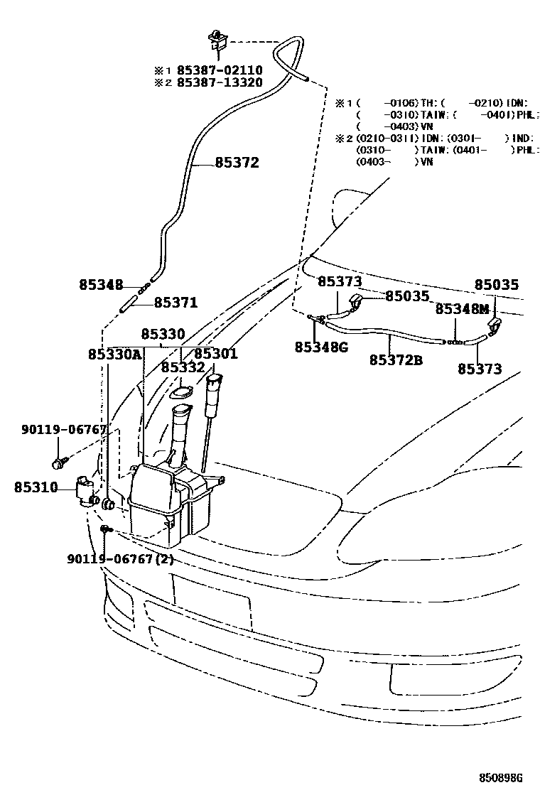 Toyota COROLLA 挡风玻璃清洗器 EPC diagram — 850898G