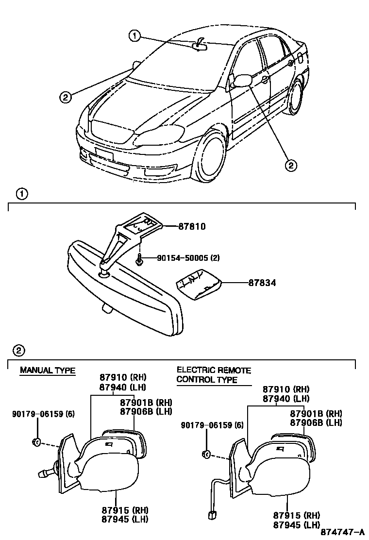 Toyota COROLLA 后视镜 EPC diagram — 874747A