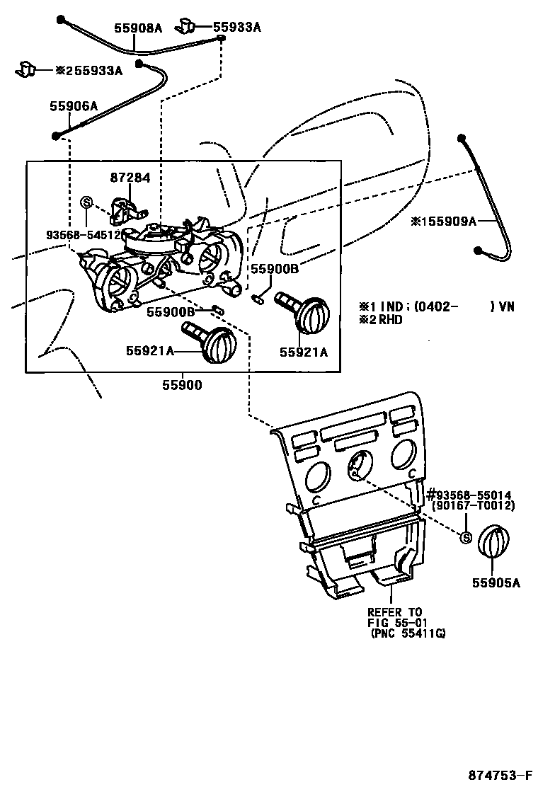 Toyota COROLLA 暖风和空调系统 - 控制器和风管 EPC diagram — 874753F