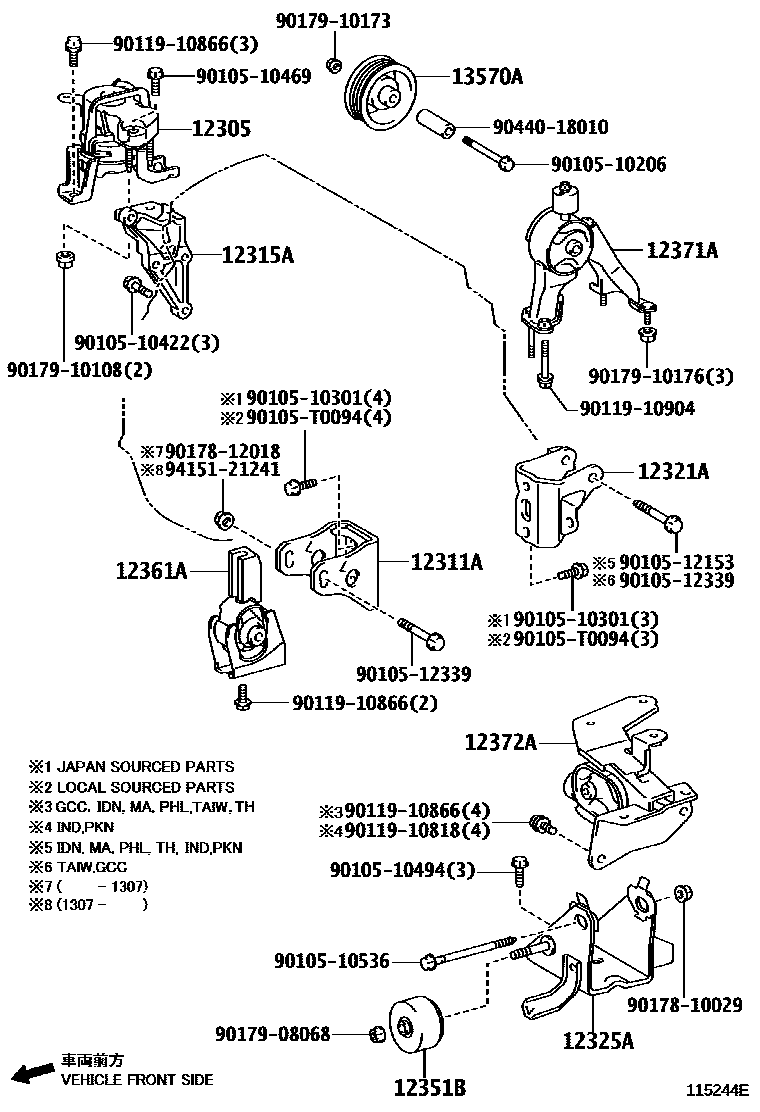 Toyota COROLLA Engine Mounting EPC diagram — 115244E