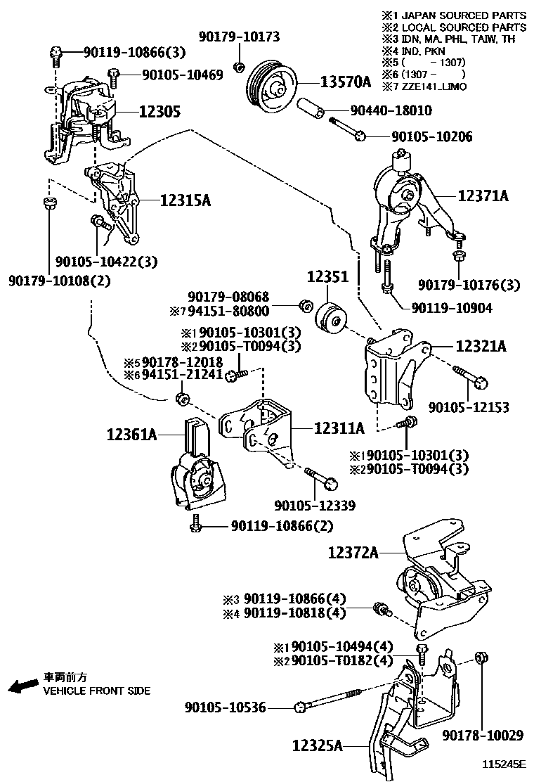 Toyota COROLLA Engine Mounting EPC diagram — 115245E