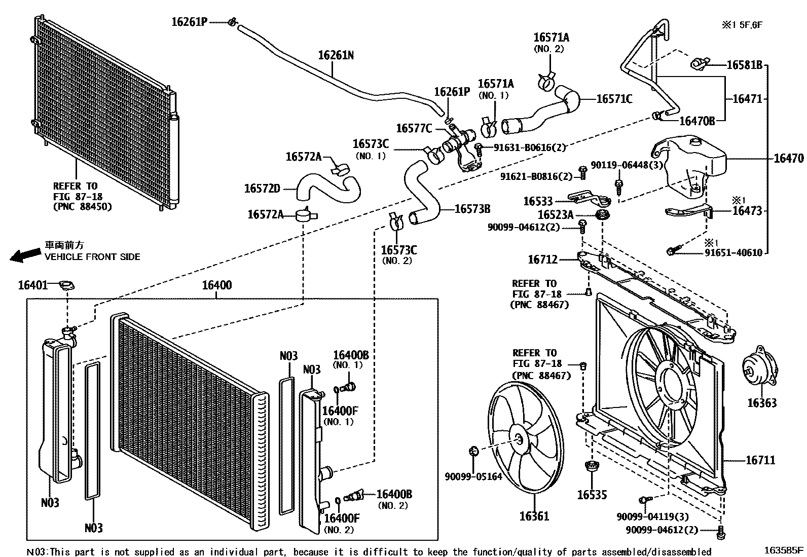 Toyota COROLLA RADIATOR & WATER OUTLET EPC diagram — 163585F