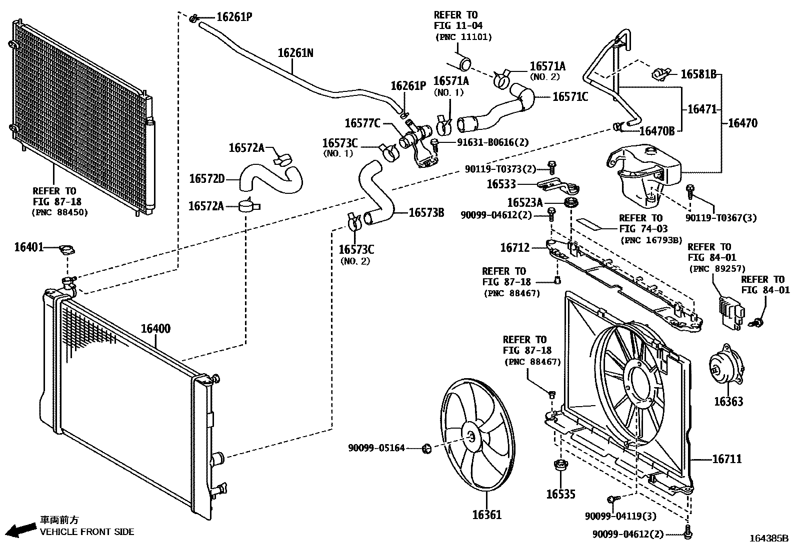 Toyota COROLLA RADIATOR & WATER OUTLET EPC diagram — 164385B