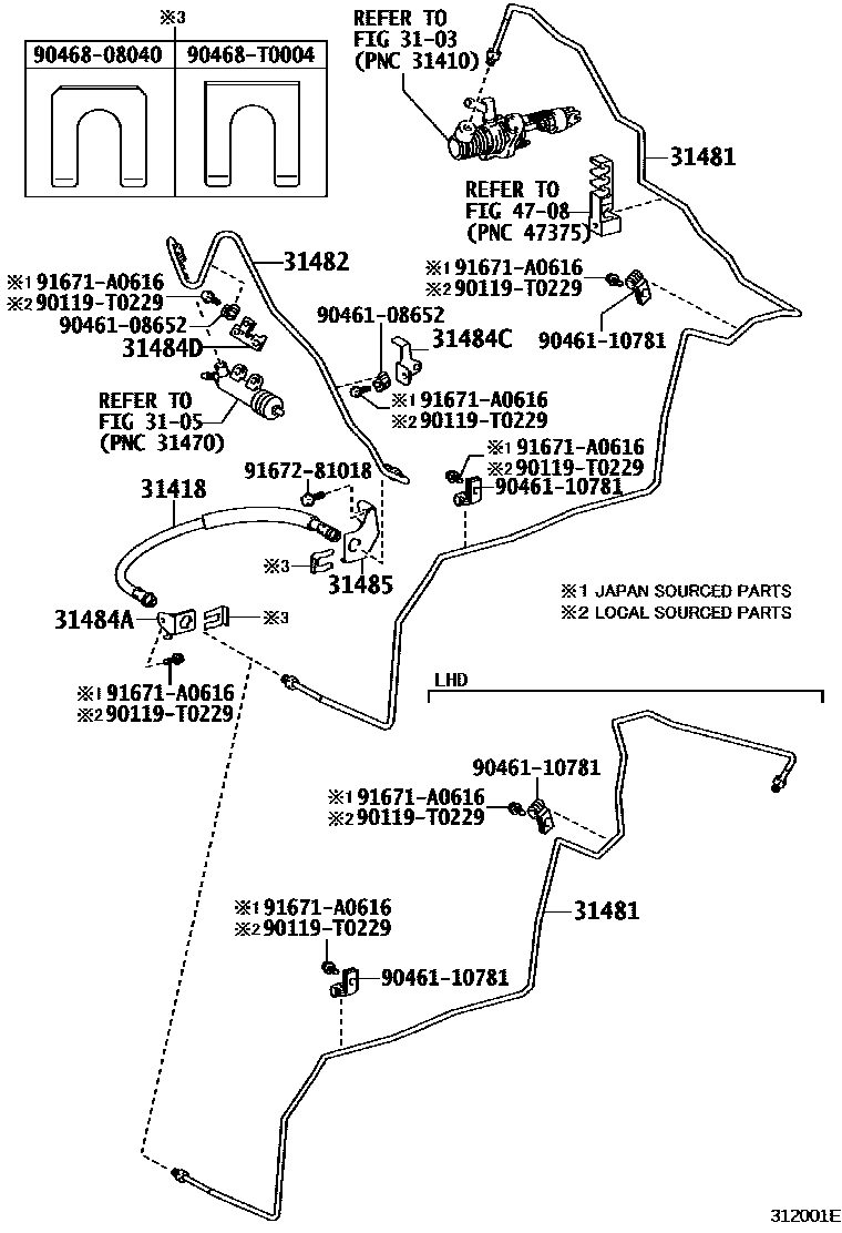 Toyota COROLLA 离合器踏板和挠性软管 EPC diagram — 312001E