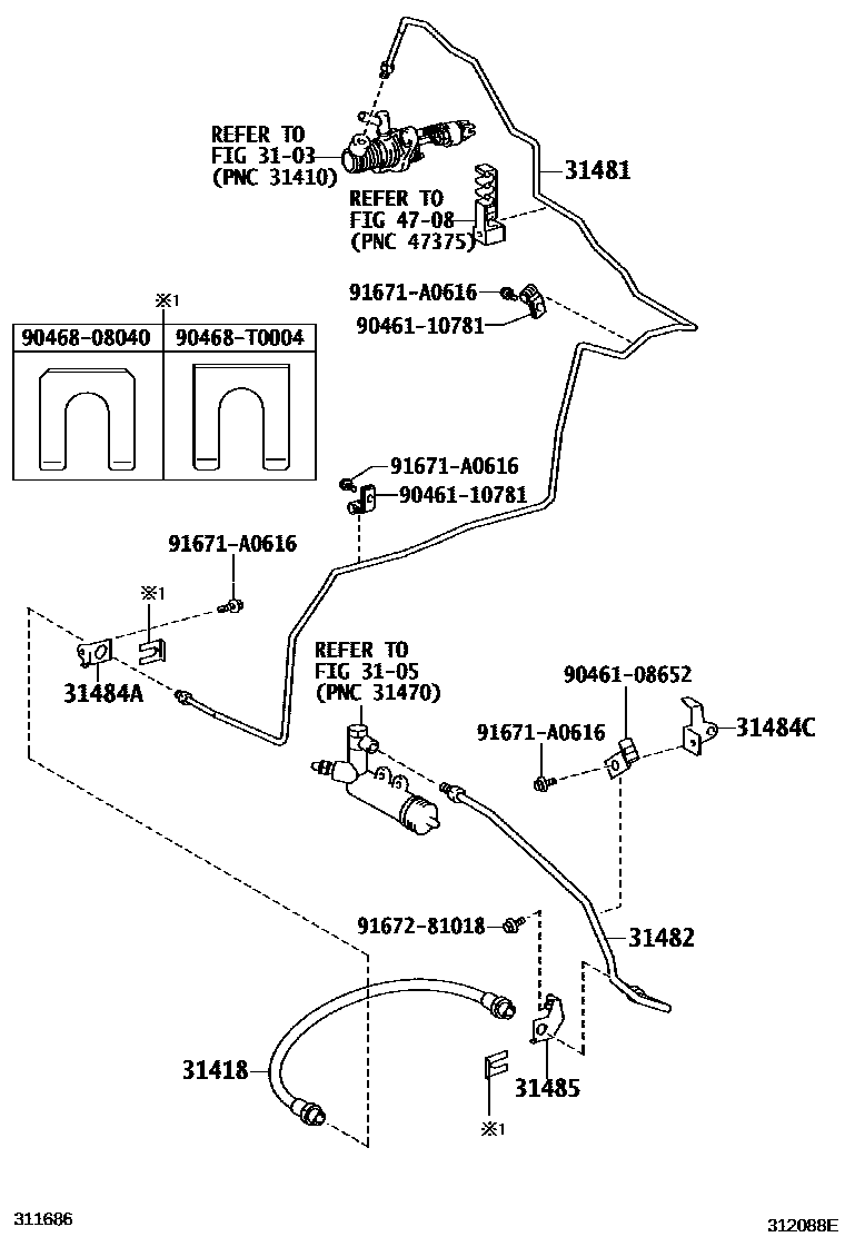 Toyota COROLLA 离合器踏板和挠性软管 EPC diagram — 312088E