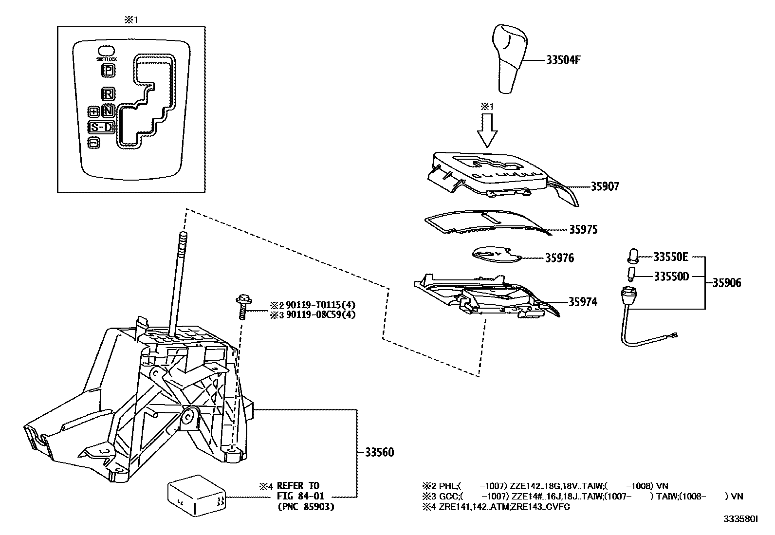 Toyota COROLLA Shift Lever & Retainer EPC diagram — 333580I