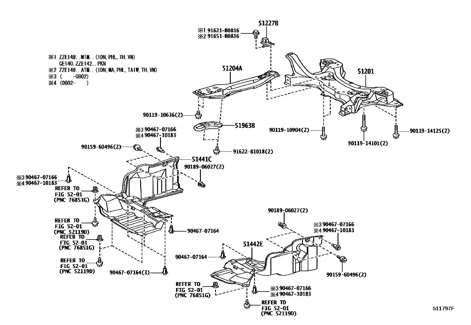 Toyota COROLLA 悬架横梁和发动机底罩 EPC diagram — 511797F