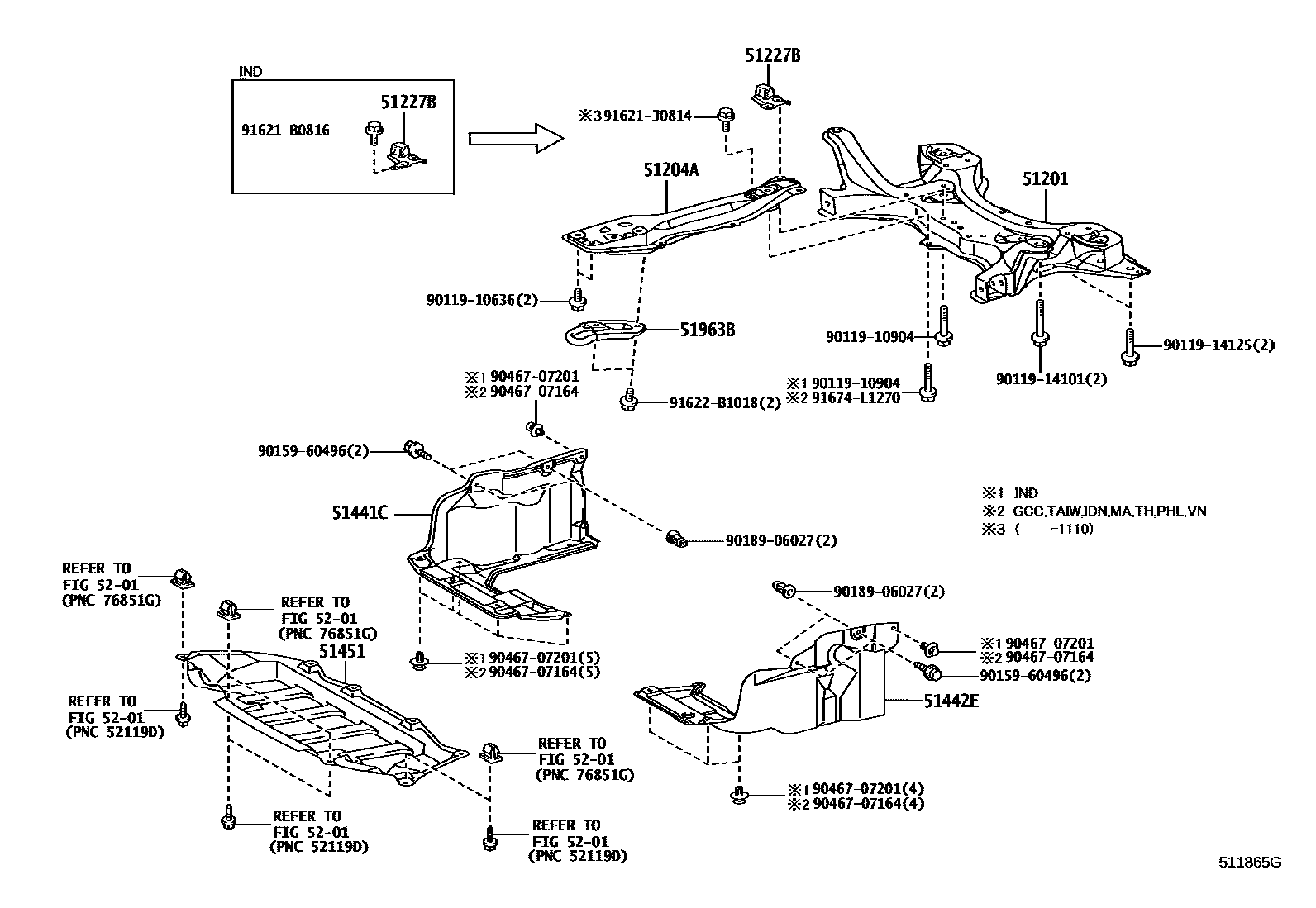 Toyota COROLLA 悬架横梁和发动机底罩 EPC diagram — 511865G
