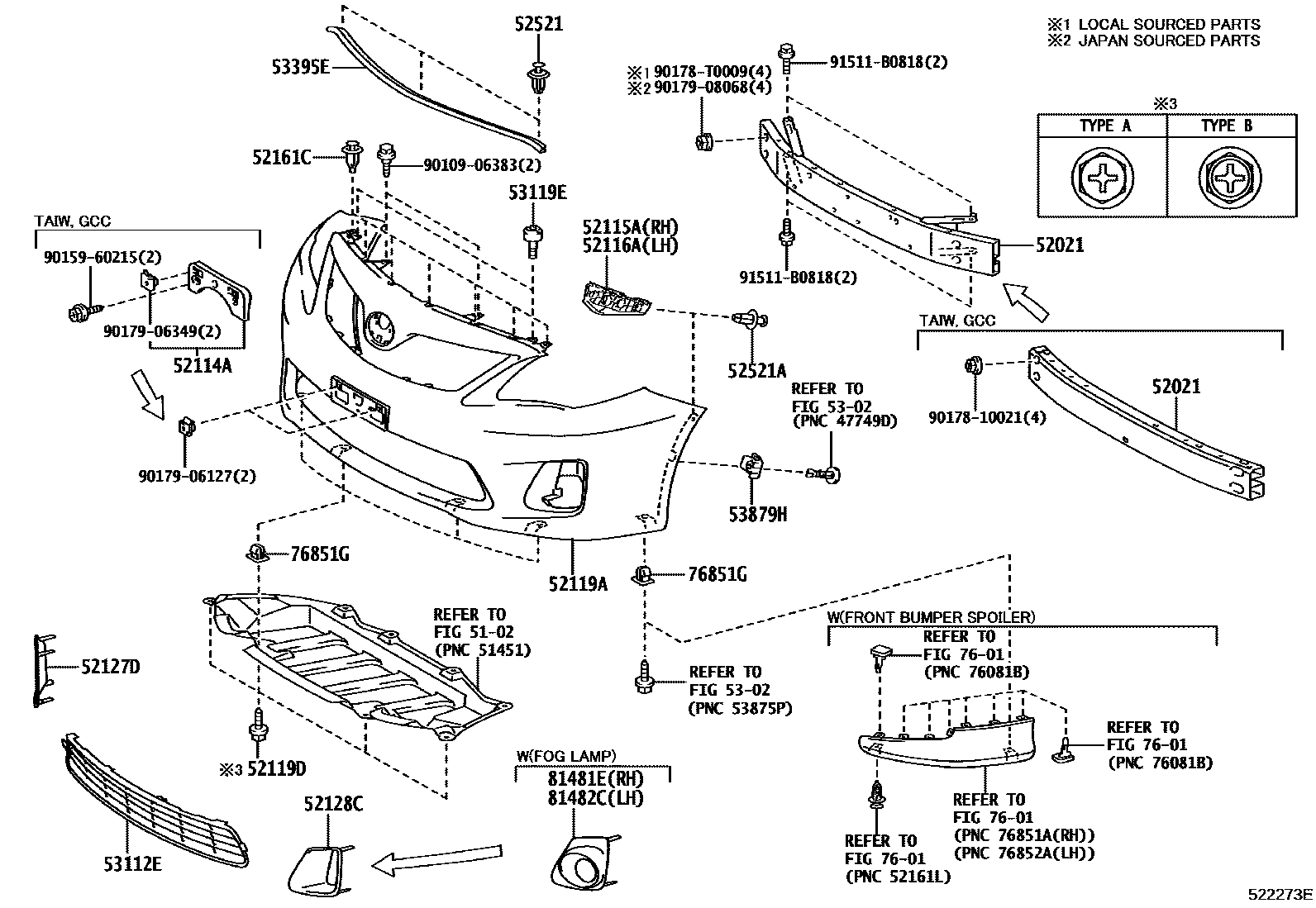 Toyota COROLLA 前保险杠及附件 EPC diagram — 522273E