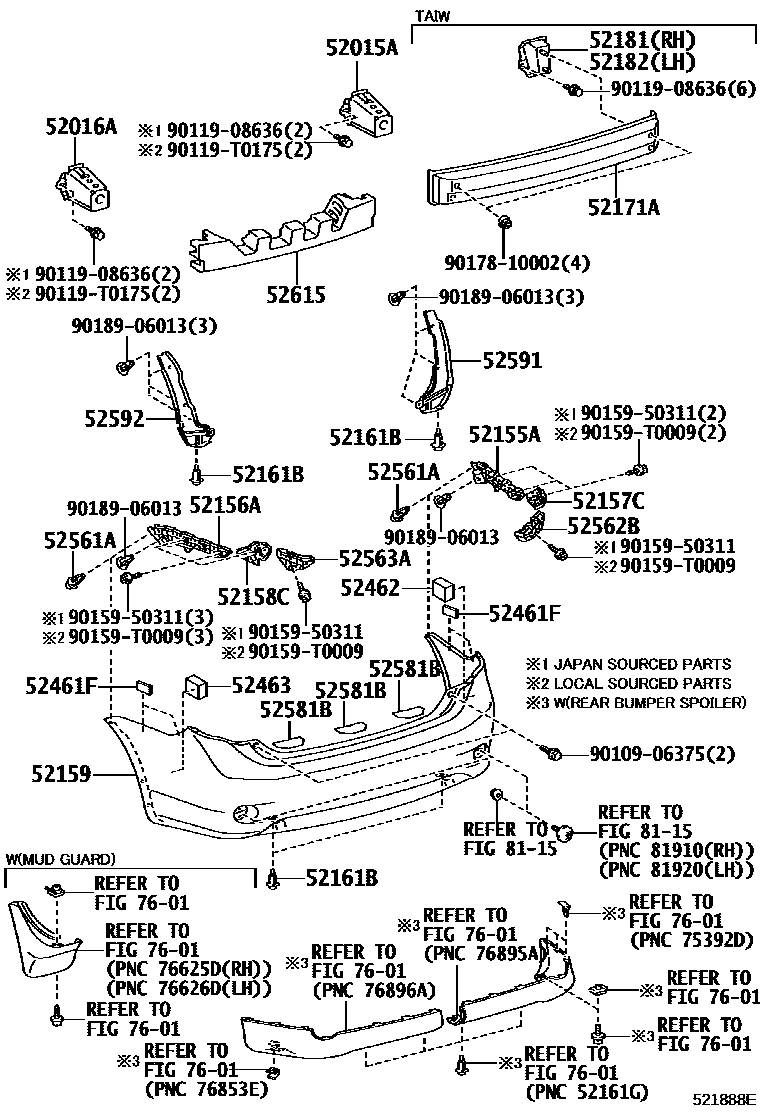 Toyota COROLLA 后保险杠及附件 EPC diagram — 521888E