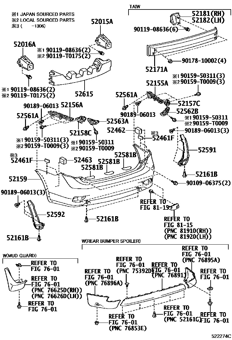 Toyota COROLLA 后保险杠及附件 EPC diagram — 522274C