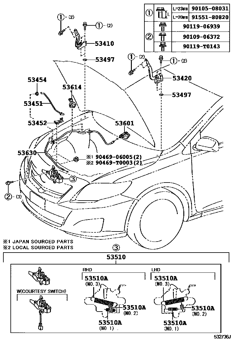 Toyota COROLLA 发动机盖锁和铰链 EPC diagram — 532736J