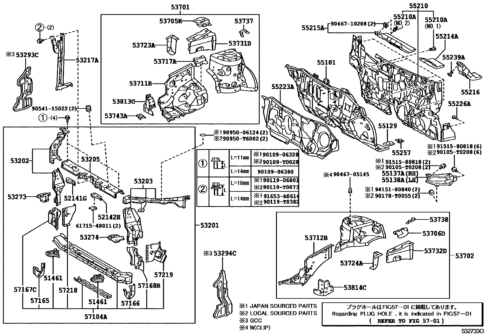 Toyota COROLLA 前翼子板挡泥板和前围板 EPC diagram — 532733O