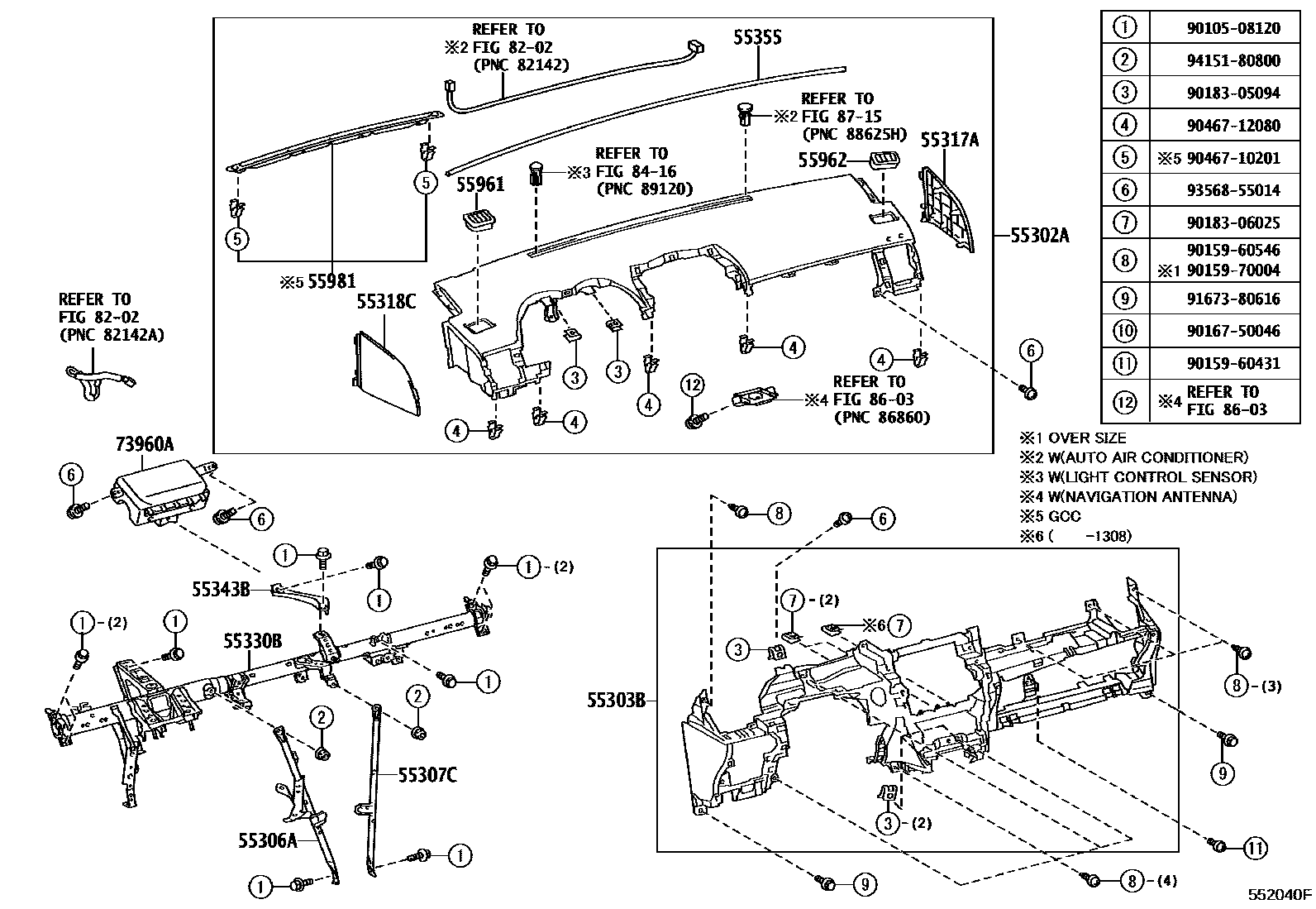 Toyota COROLLA 仪表板和手套箱 EPC diagram — 552040F