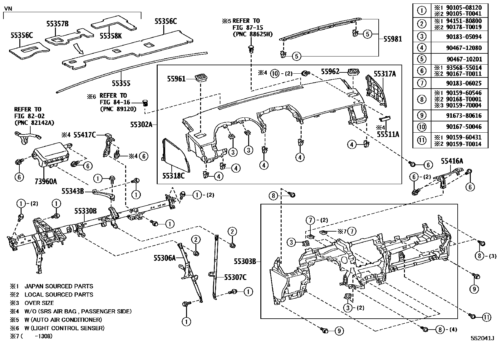 Toyota COROLLA 仪表板和手套箱 EPC diagram — 552041J