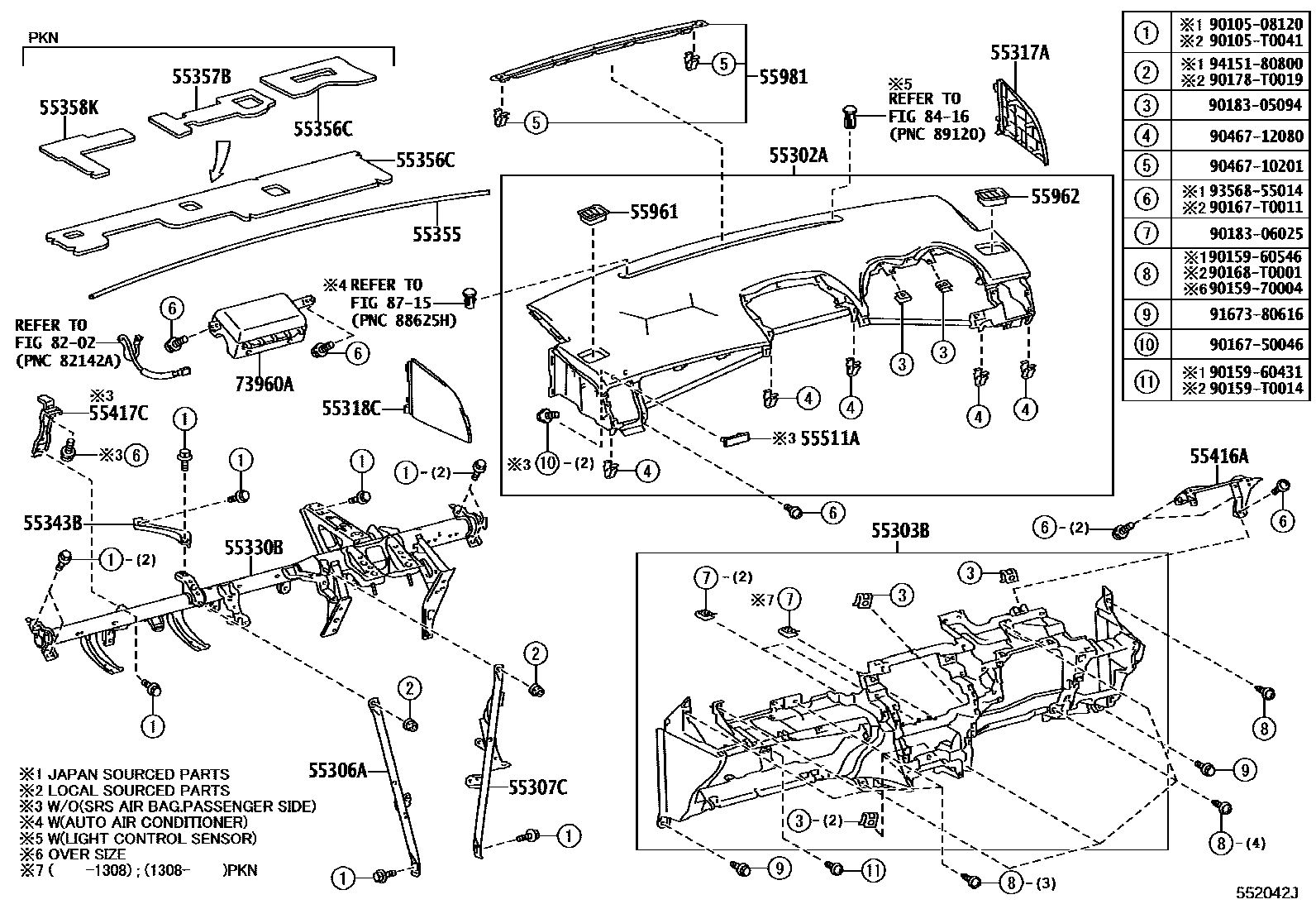 Toyota COROLLA 仪表板和手套箱 EPC diagram — 552042J