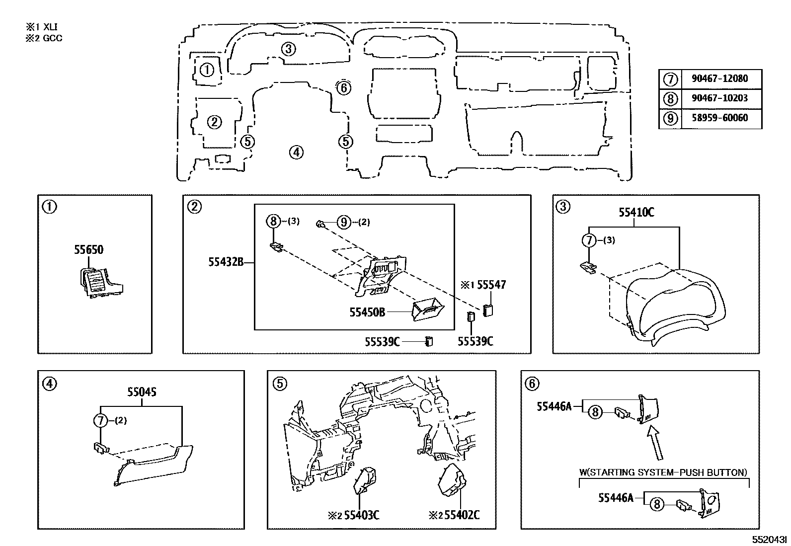 Toyota COROLLA 仪表板和手套箱 EPC diagram — 552043I
