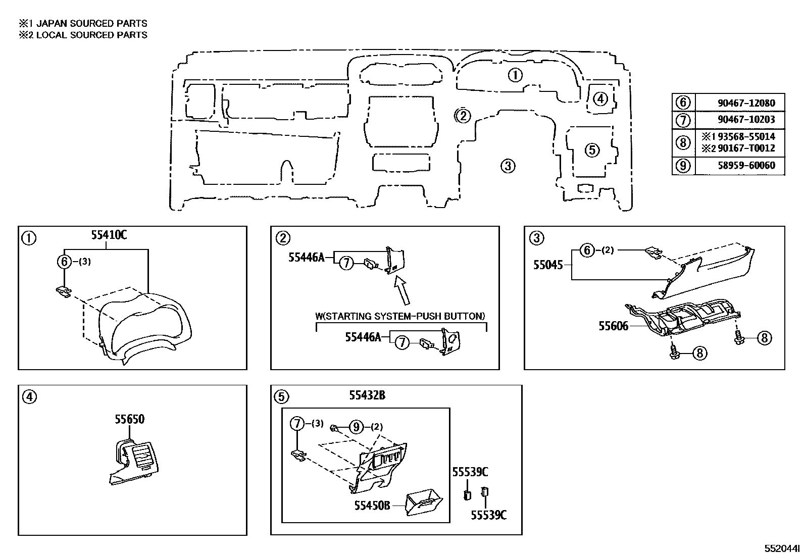 Toyota COROLLA 仪表板和手套箱 EPC diagram — 552044I